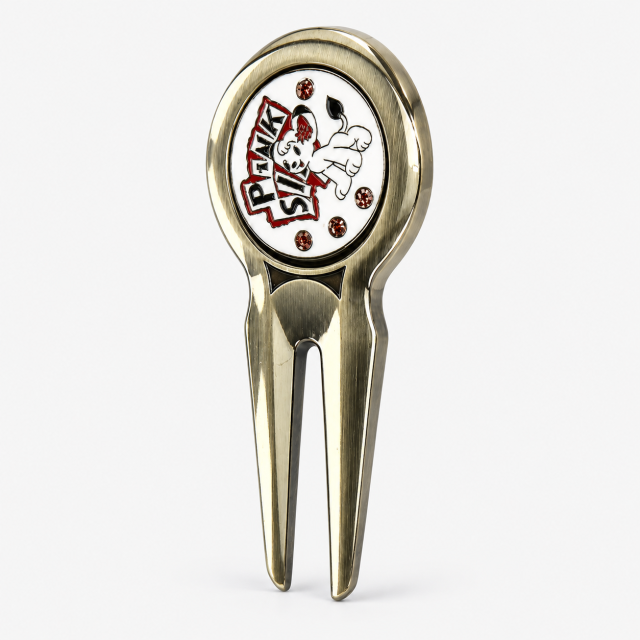 Two prong golf divot repair tool with custom logo ball marker