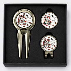 Brass golf divot tool gift set with ball marker and hat cli