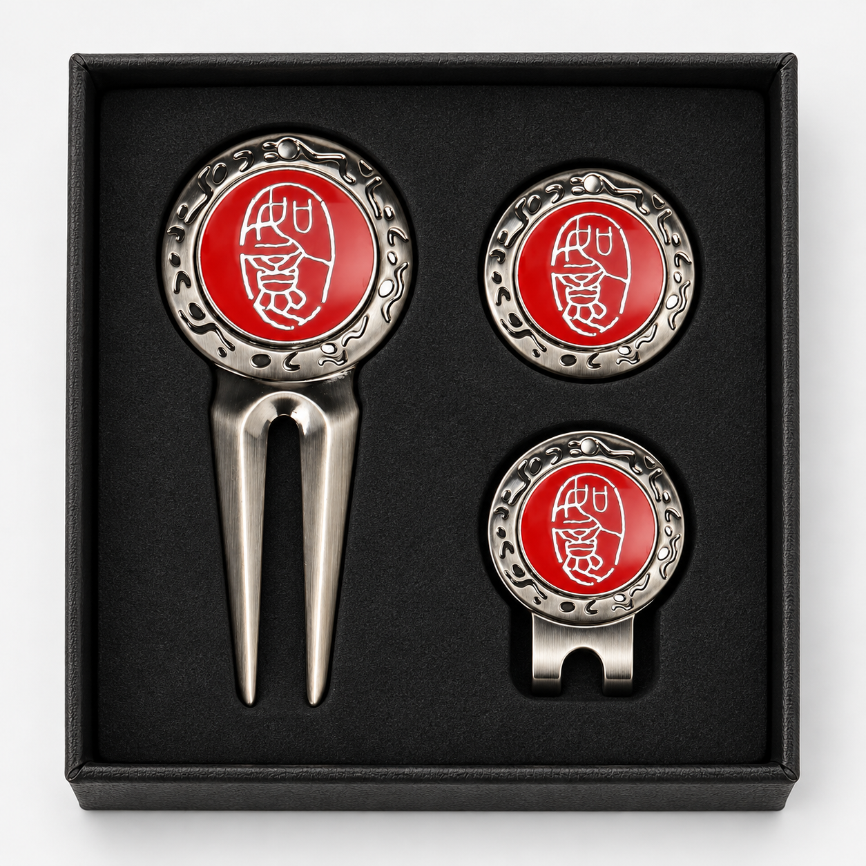 Engraved golf divot tool gift set with ball marker and hat clip