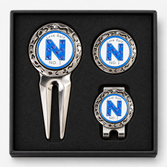 Vintage golf divot tool gift set with ball marker and hat clip
