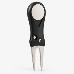 Compact folding golf divot repair tool with two prong fork