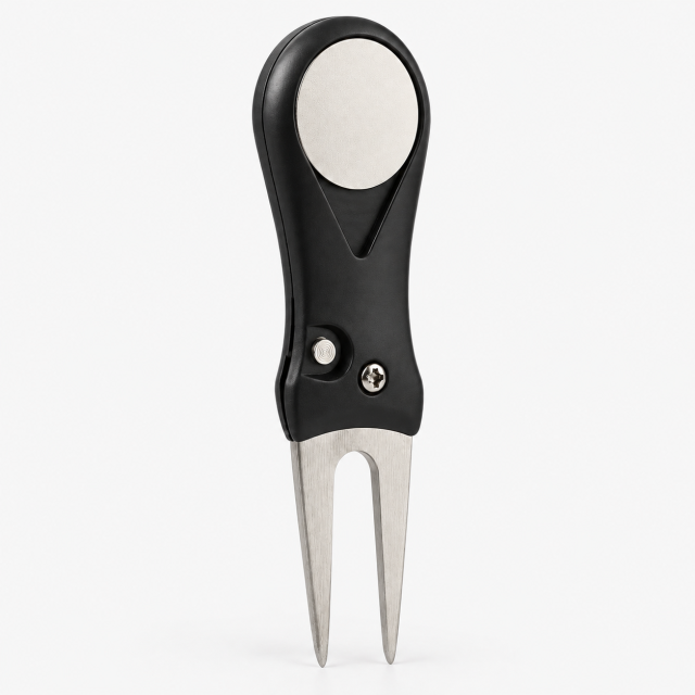 Compact folding golf divot repair tool with two prong fork