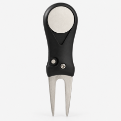 Foldable golf divot tool with magnetic ball marker front view