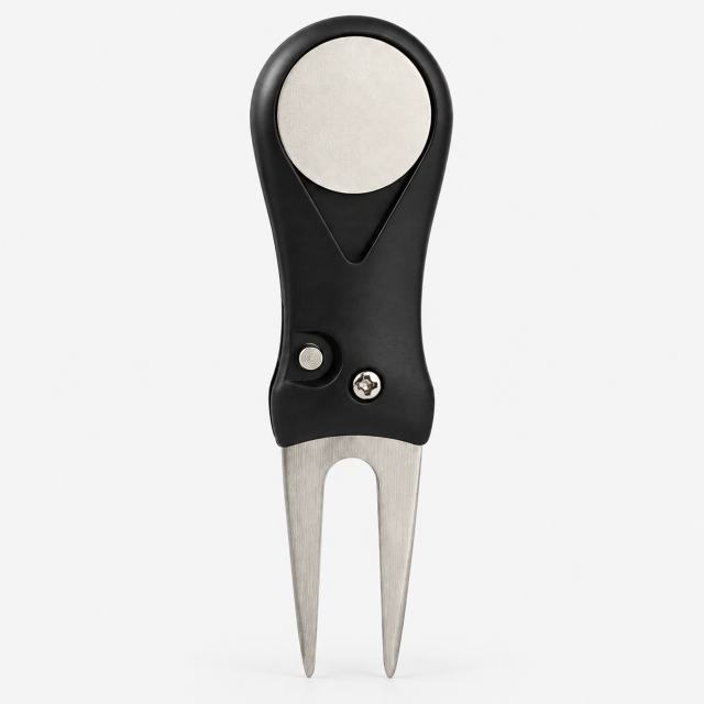Foldable golf divot tool with magnetic ball marker front view