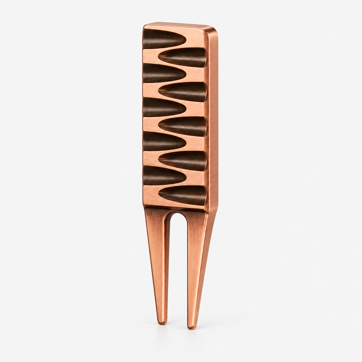 Two prong golf divot repair tool copper-tone side view