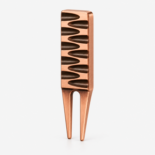 Two prong golf divot repair tool copper-tone side view