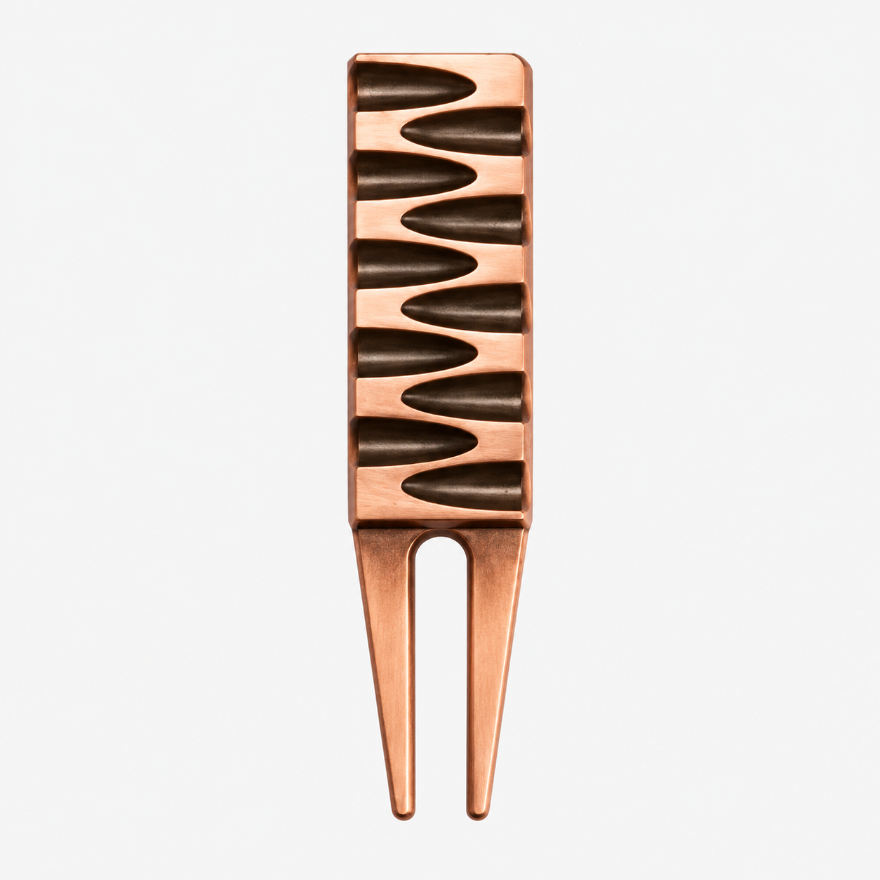 Copper-tone golf divot tool with textured grip front view