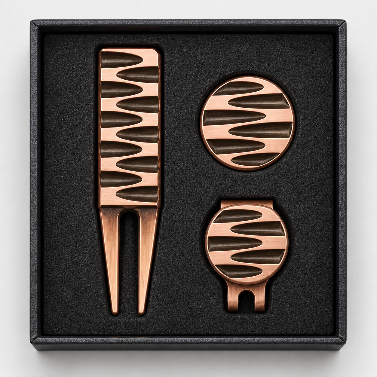 Golf divot tool and ball marker set with hat clip gift box