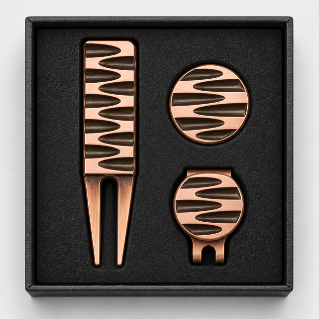 Golf divot tool and ball marker set with hat clip gift box