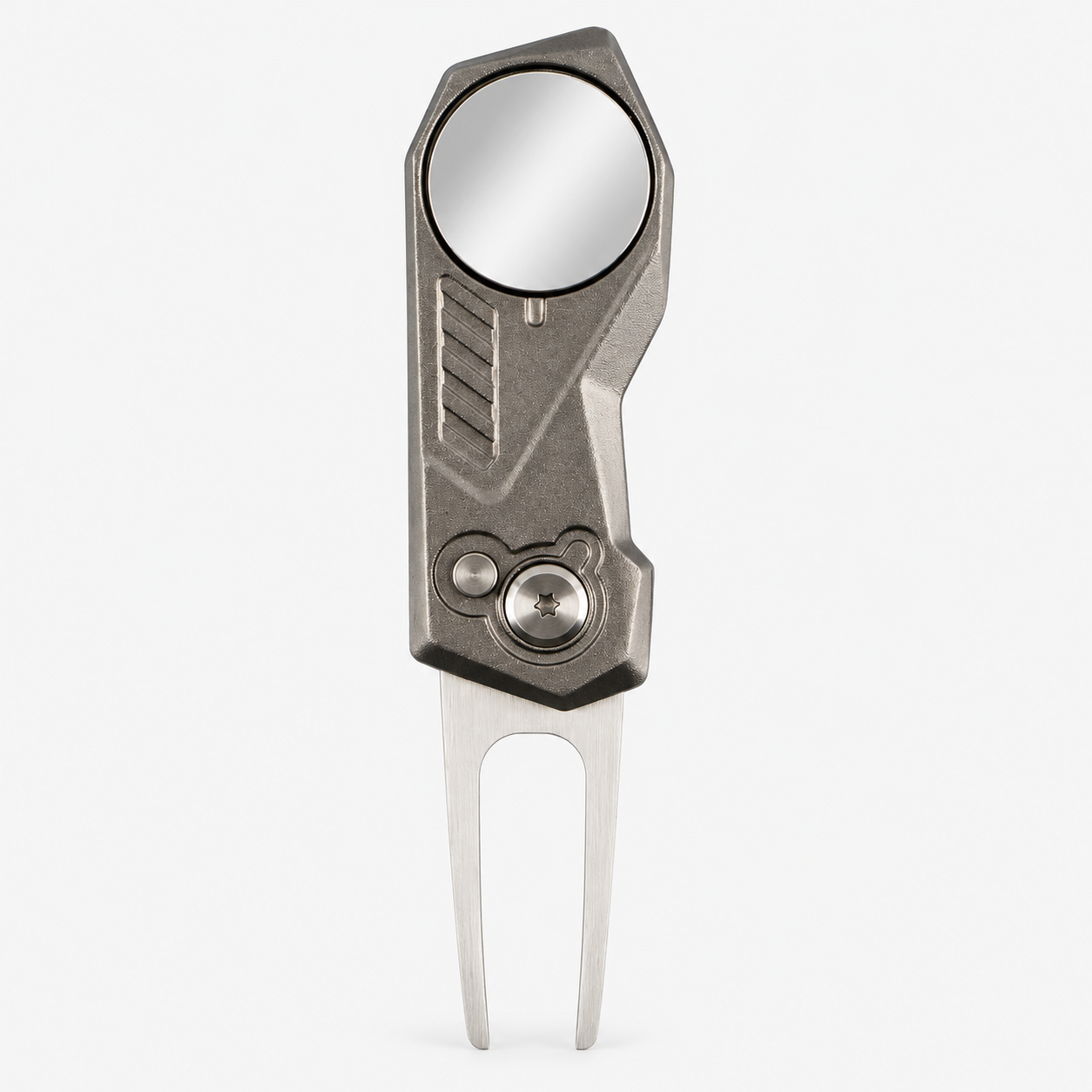 Front view of metal golf divot tool with round ball marker and two-prong fork