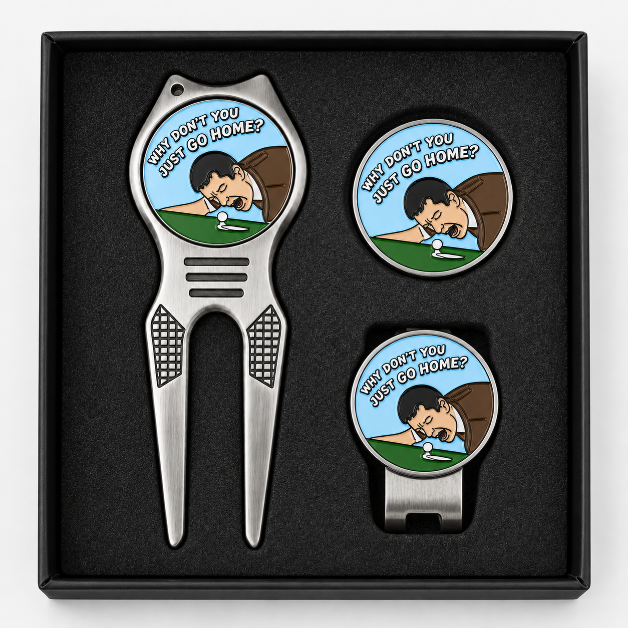 Golf divot repair tool gift set with ball marker and hat clip