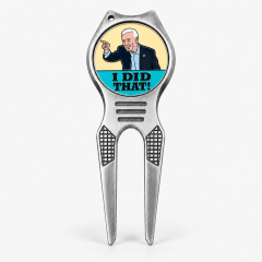 Custom two-prong golf divot tool with portrait ball marker