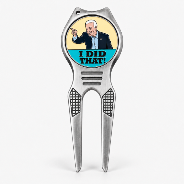 Custom two-prong golf divot tool with portrait ball marker