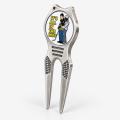 Two prong golf divot repair tool with personalized marker