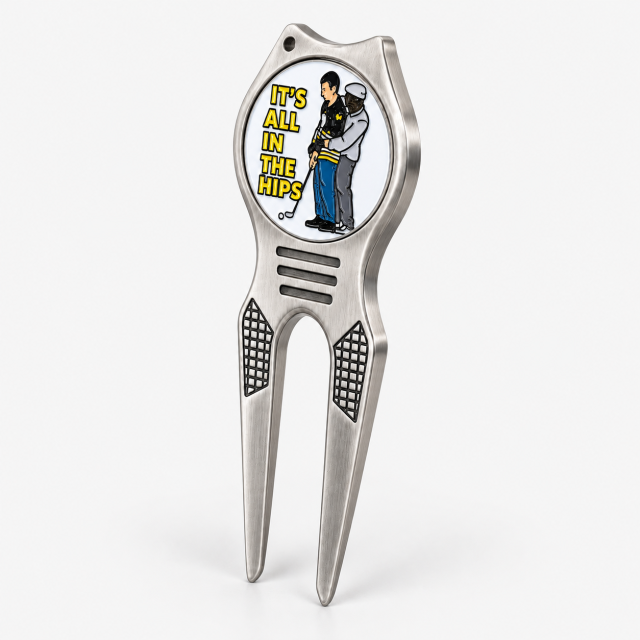 Two prong golf divot repair tool with personalized marker
