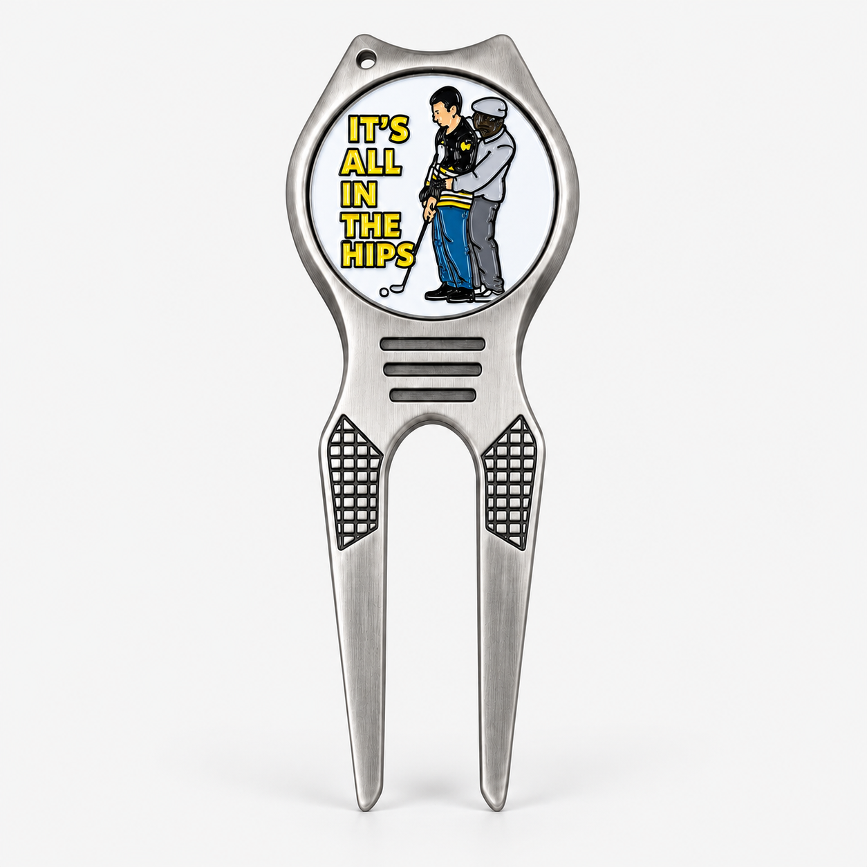 Stainless steel golf pitch fork with custom ball marker