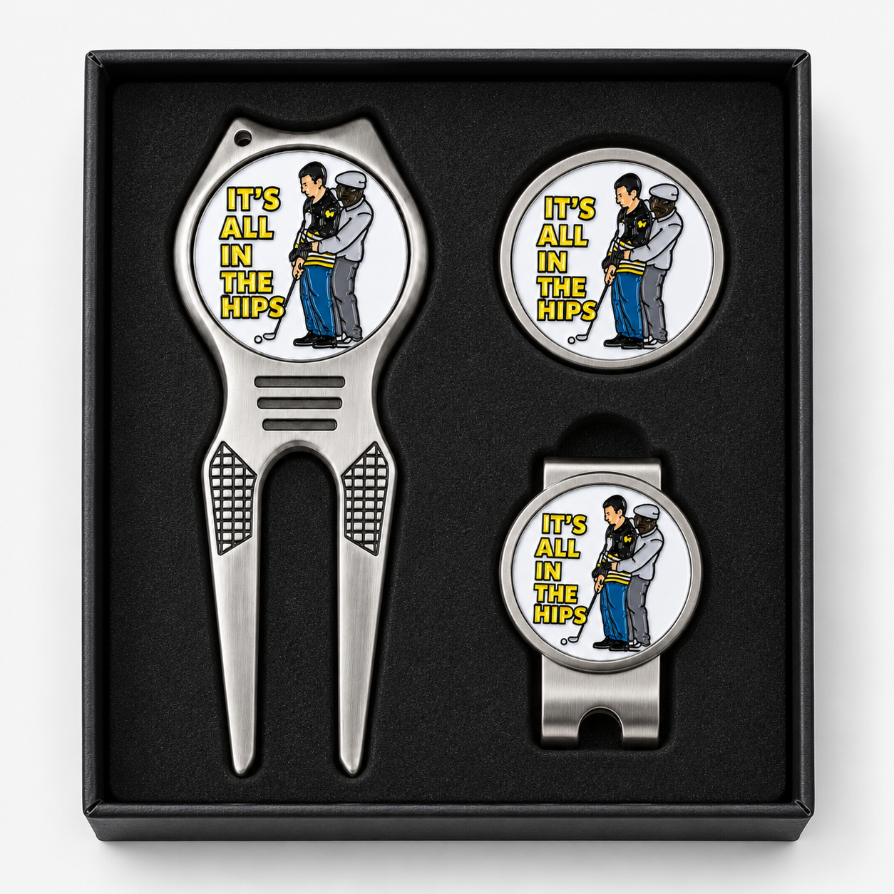 Golf pitch fork gift set with ball marker and hat clip