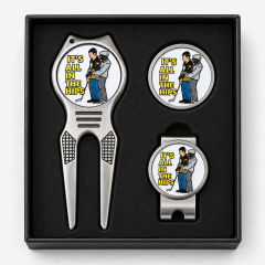 Golf pitch fork gift set with ball marker and hat clip