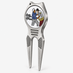 Two prong golf green repair tool with personalized ball marker