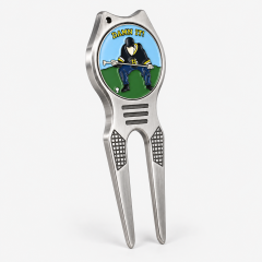 Metal golf divot tool with custom removable ball marker