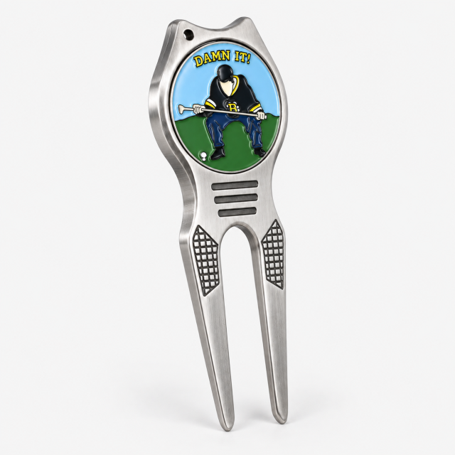 Metal golf divot tool with custom removable ball marker