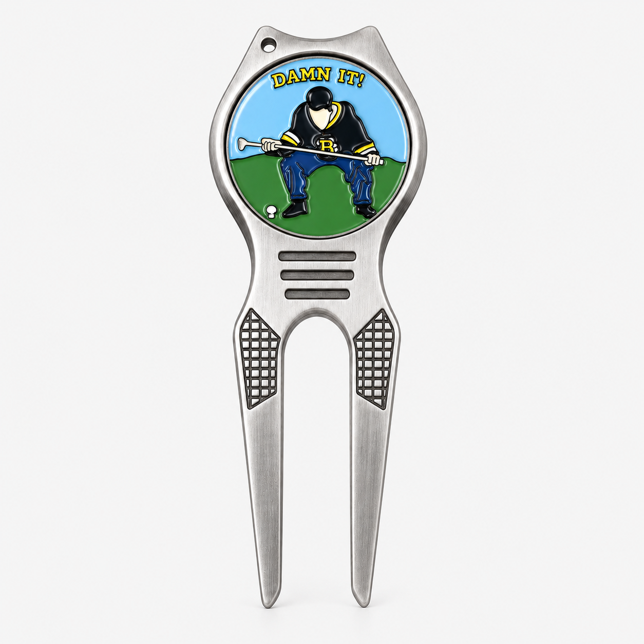 Custom two prong golf divot repair tool with ball marker