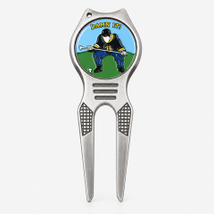 Custom two prong golf divot repair tool with ball marker