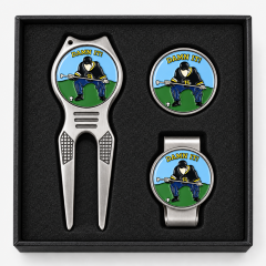 Custom golf divot tool set with ball marker and hat clip gift box