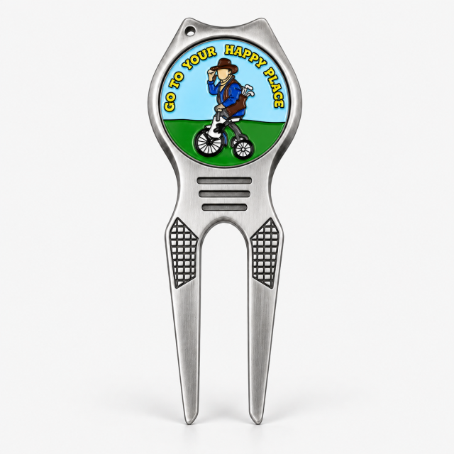 Two prong golf divot tool with custom round ball marker