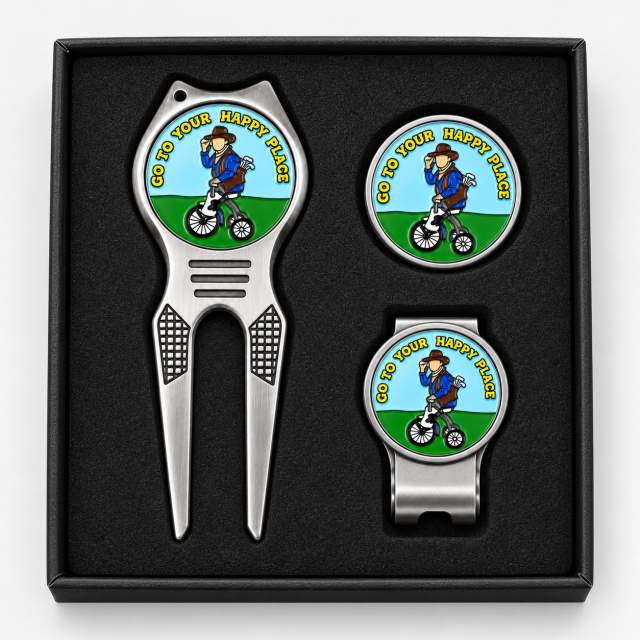 Golf divot tool gift set with ball marker and hat clip in black box