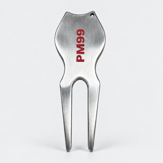 Stainless steel two prong golf green repair tool back view