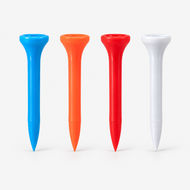 Large head plastic golf tees in blue orange red and white