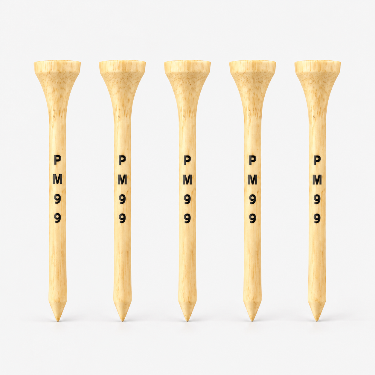Personalized wooden golf tees with custom PM99 logo