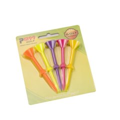 Colorful set height golf tees in retail packaging