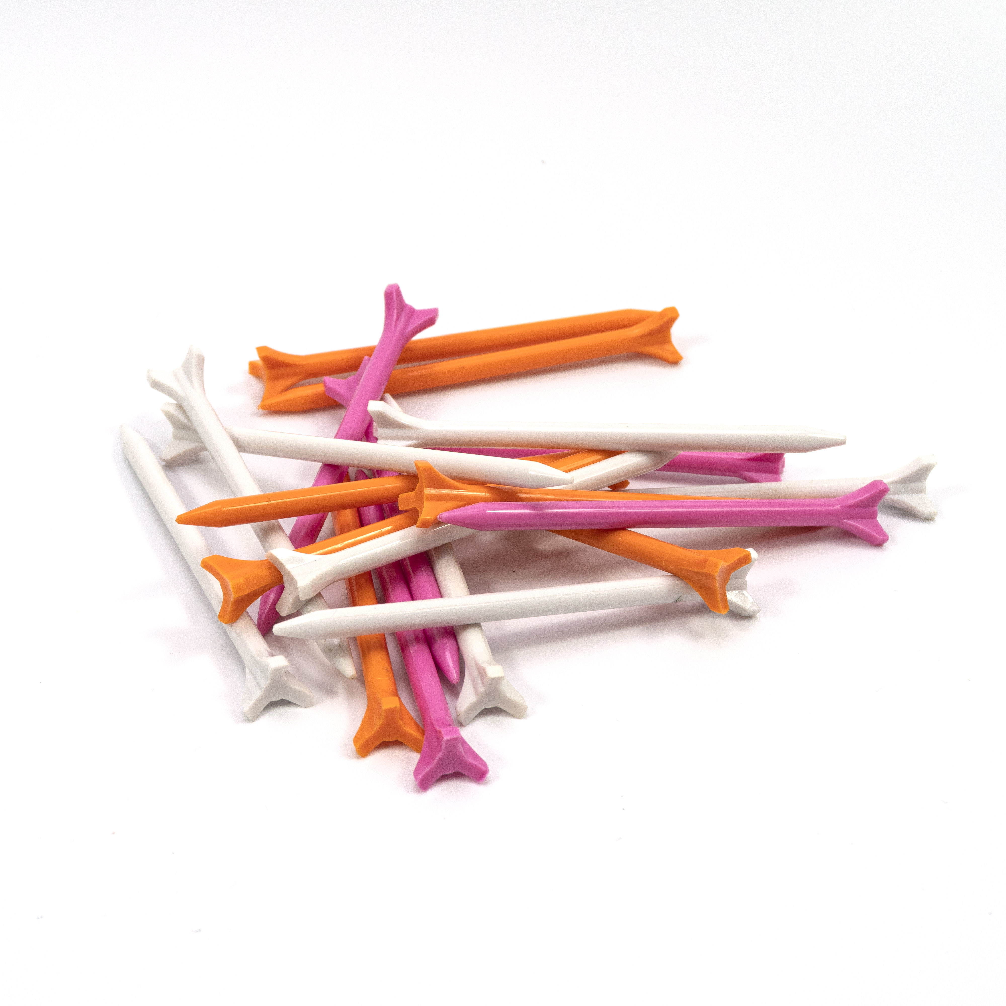 Bulk long plastic golf tees in orange pink and white