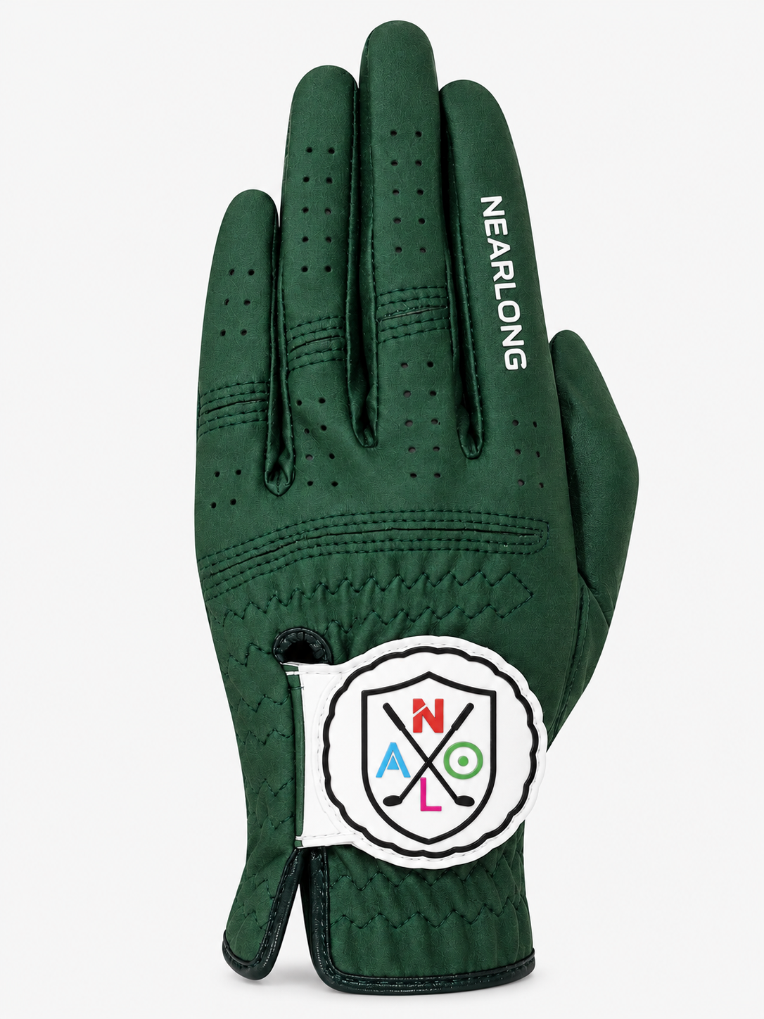 Green sheepskin golf glove back view with perforated fingers and custom closure logo