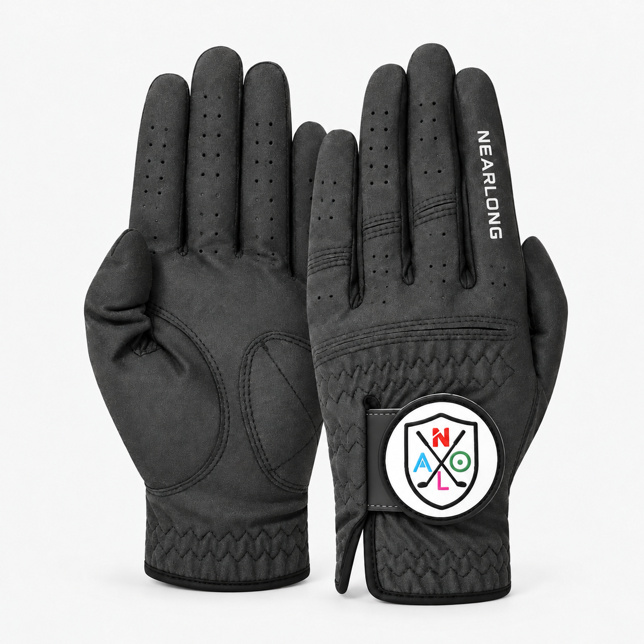 Black sheepskin golf glove palm and back view with custom logo