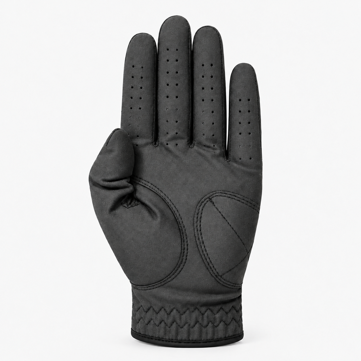 Black sheepskin golf glove palm view with reinforced leather patch