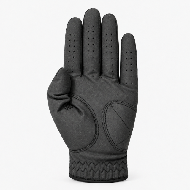 Black sheepskin golf glove palm view with reinforced leather patch