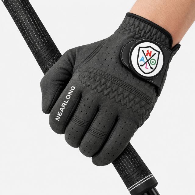Black sheepskin golf glove back view with custom closure logo