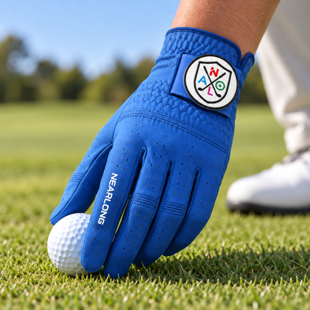 Royal blue sheepskin golf glove on golf course with custom logo