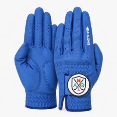 Royal blue sheepskin golf glove palm and back view