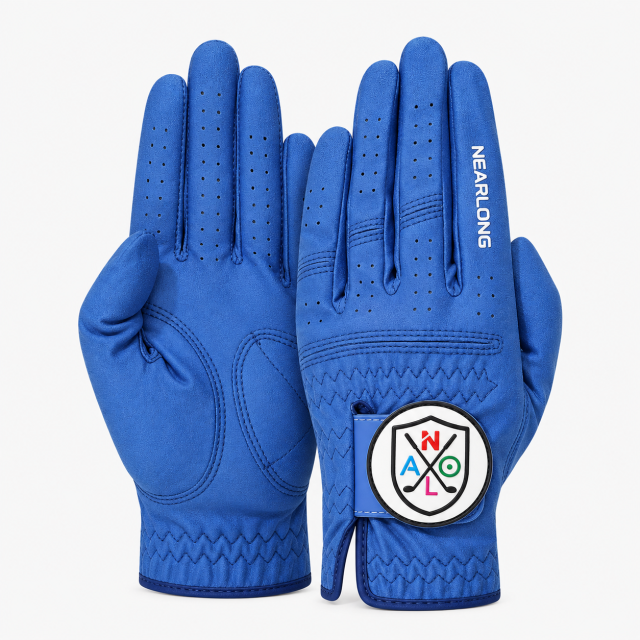 Royal blue sheepskin golf glove palm and back view