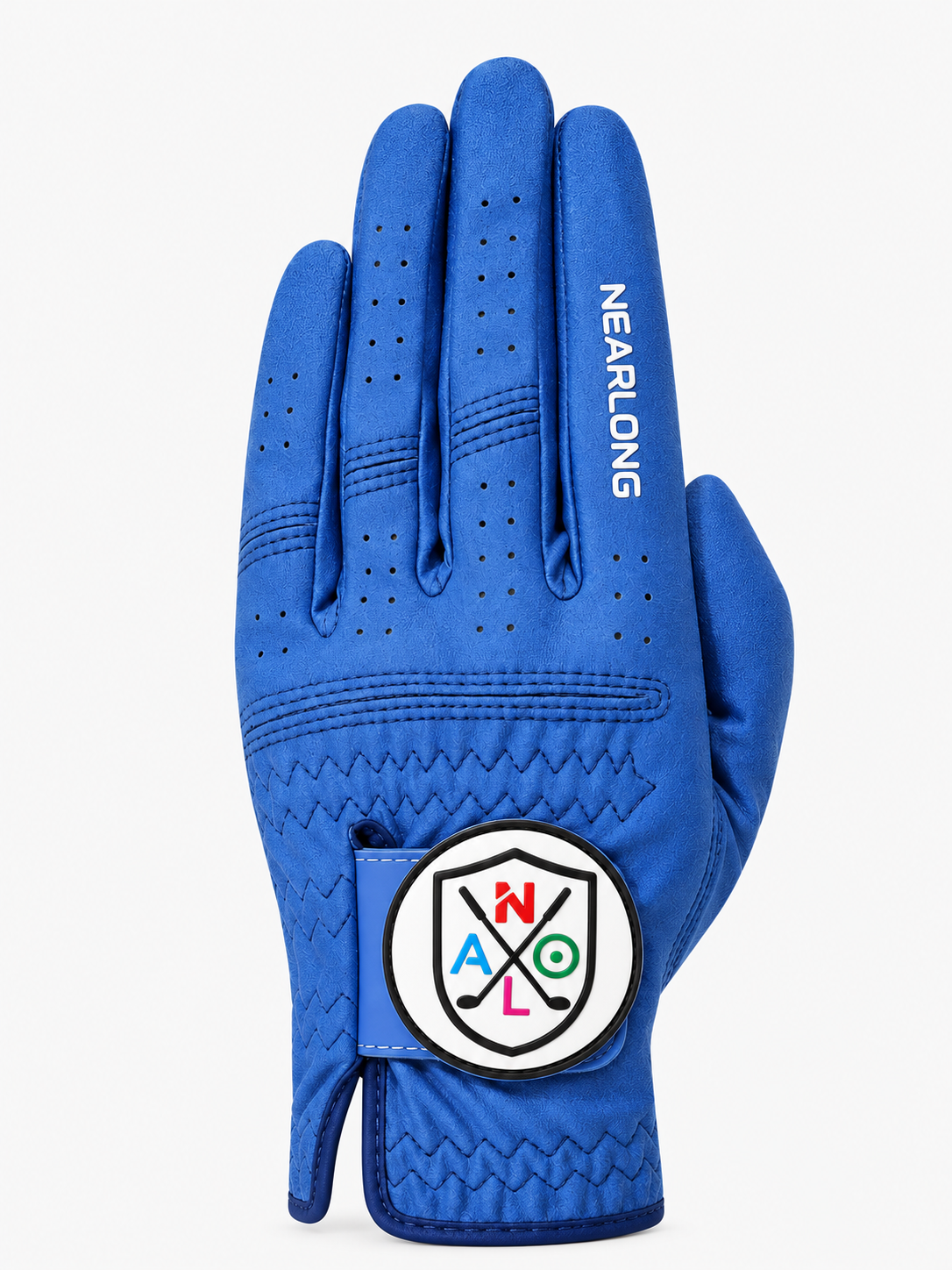 Royal blue sheepskin golf glove back view with breathable perforations