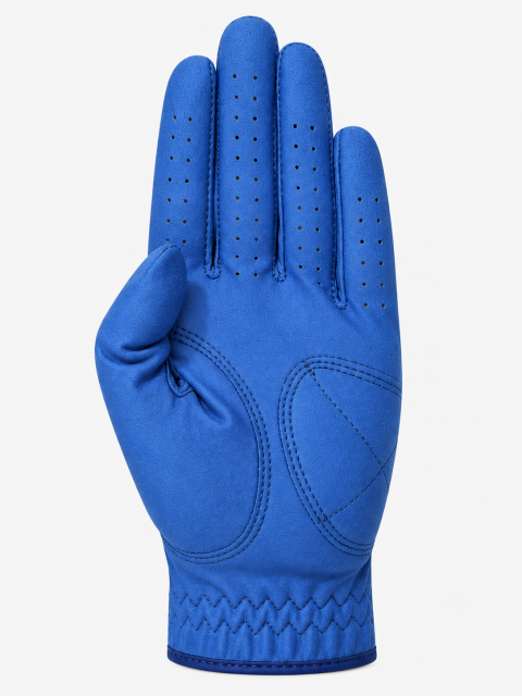 Royal blue sheepskin golf glove palm view with reinforced leather patches