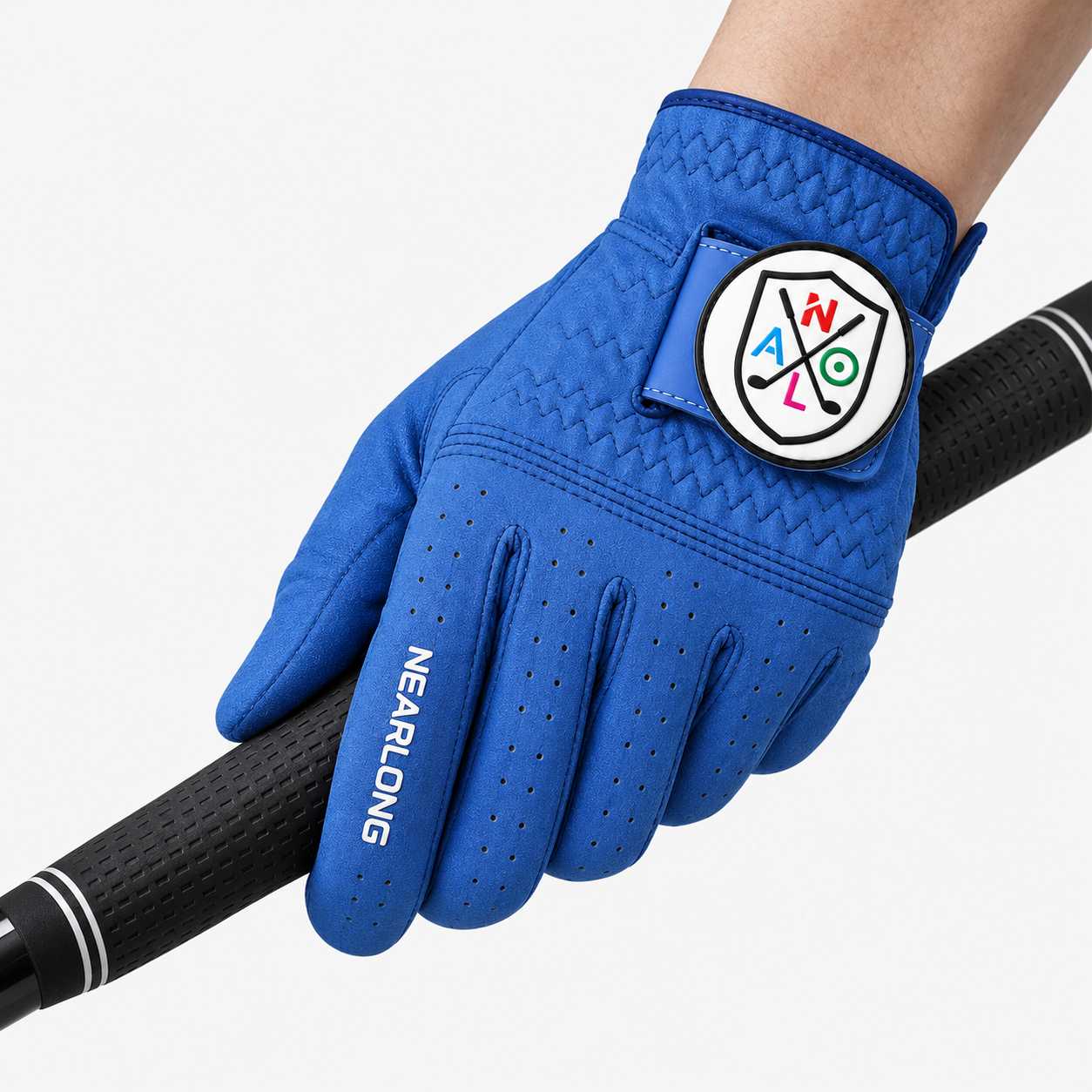 Royal blue sheepskin golf glove gripping golf club with custom closure logo