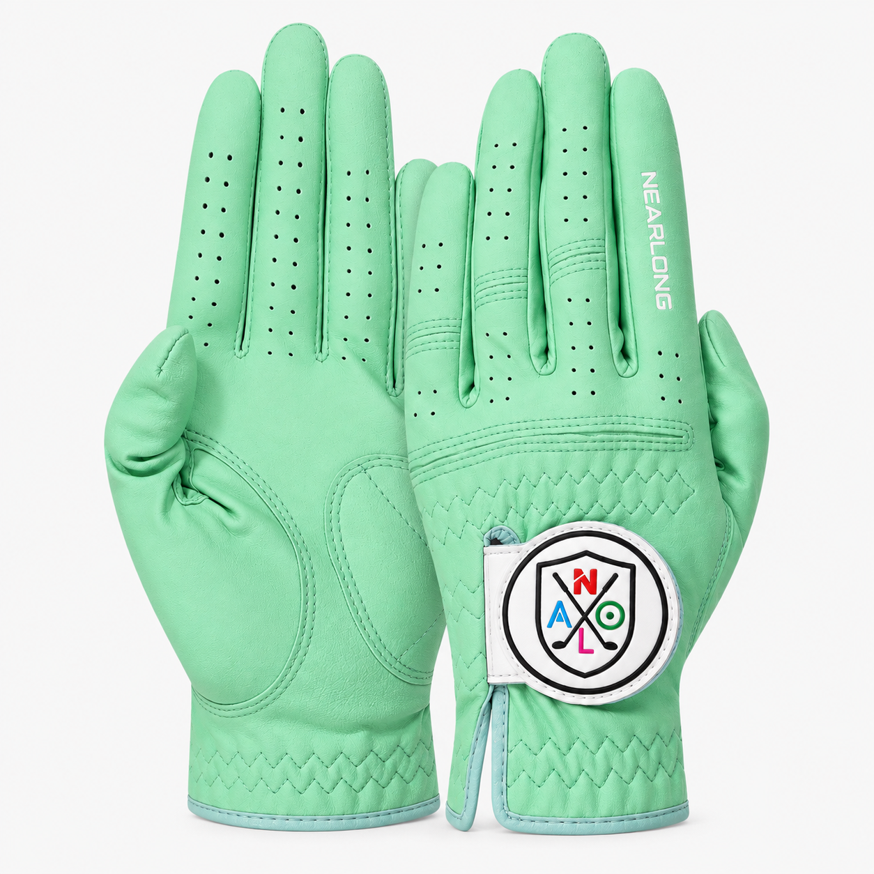 Mint green sheepskin golf glove palm and back view with custom logo