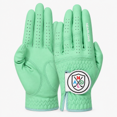 Mint green sheepskin golf glove palm and back view with custom logo
