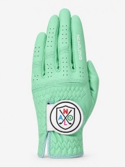 Mint green sheepskin golf glove back view with breathable perforated fingers