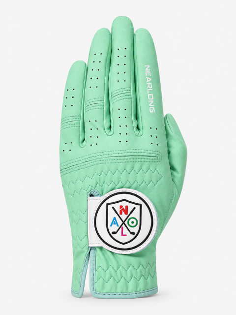 Mint green sheepskin golf glove back view with breathable perforated fingers